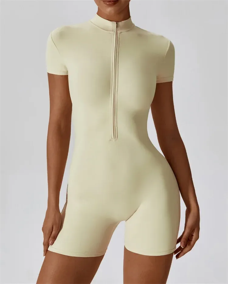 Women's Seamless Yoga Jumpsuit Short Sleeve Stand Collar Half Zip Fitness Bodysuit Stretchy Workout Romper for Activewear showcase 5