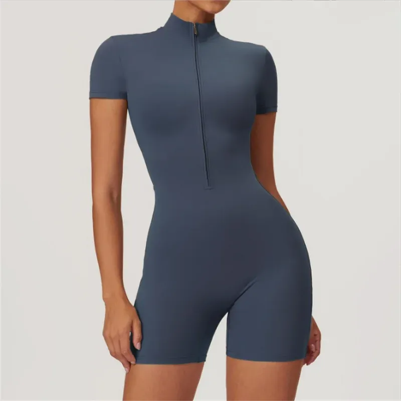 Women's Seamless Yoga Jumpsuit Short Sleeve Stand Collar Half Zip Fitness Bodysuit Stretchy Workout Romper for Activewear showcase 8