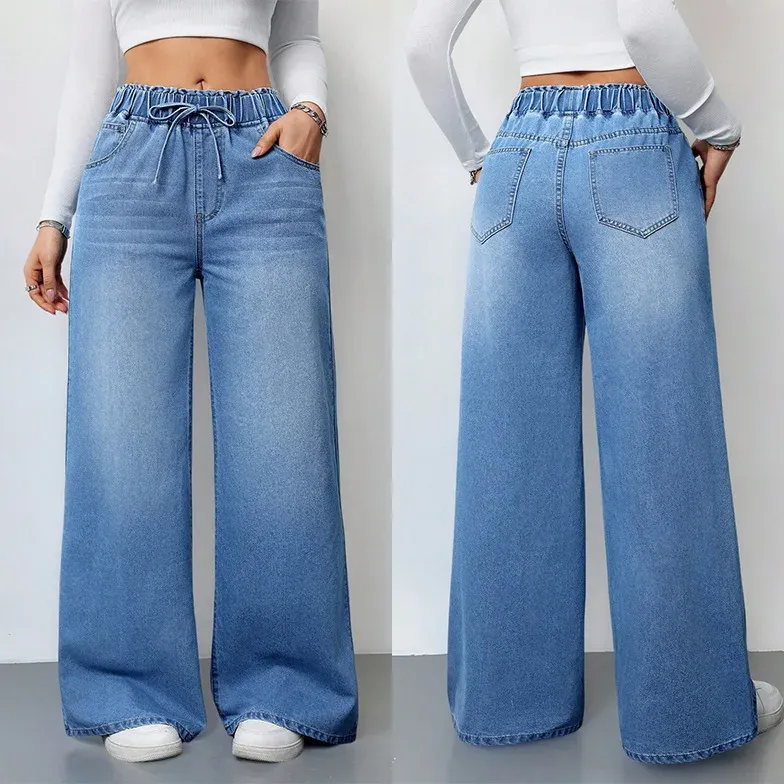 Women's Vintage Washed Denim Wide Leg Jeans - Elastic Waist Lace-Up Streetwear Trousers for a Relaxed Fit thumbnail 1