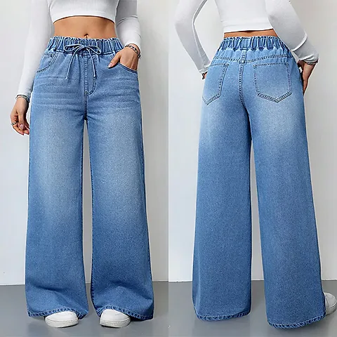 Women's Vintage Washed Denim Wide Leg Jeans - Elastic Waist Lace-Up Streetwear Trousers for a Relaxed Fit
