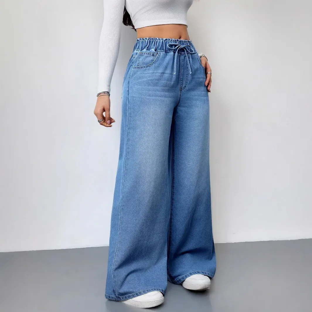 Women's Vintage Washed Denim Wide Leg Jeans - Elastic Waist Lace-Up Streetwear Trousers for a Relaxed Fit thumbnail 3