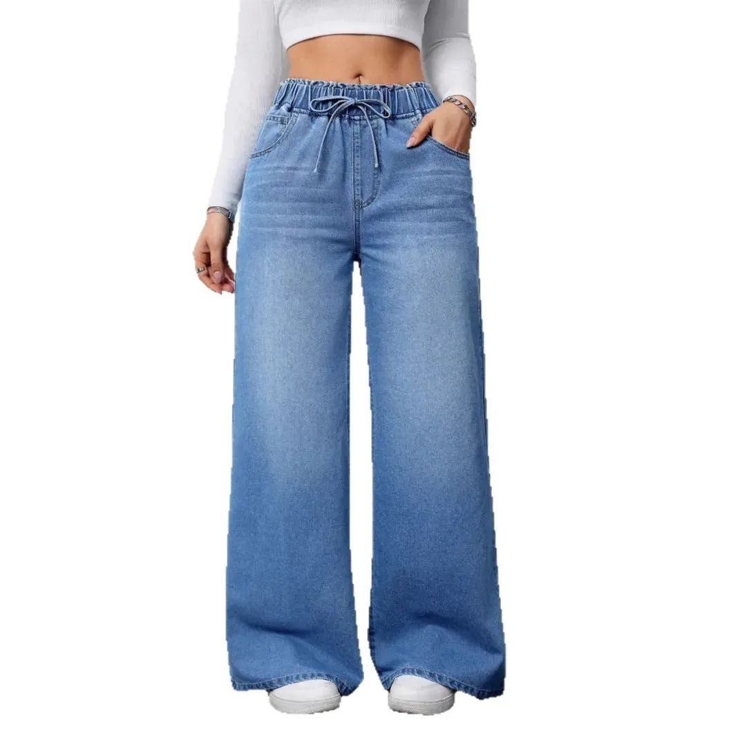 Women's Vintage Washed Denim Wide Leg Jeans - Elastic Waist Lace-Up Streetwear Trousers for a Relaxed Fit thumbnail 4