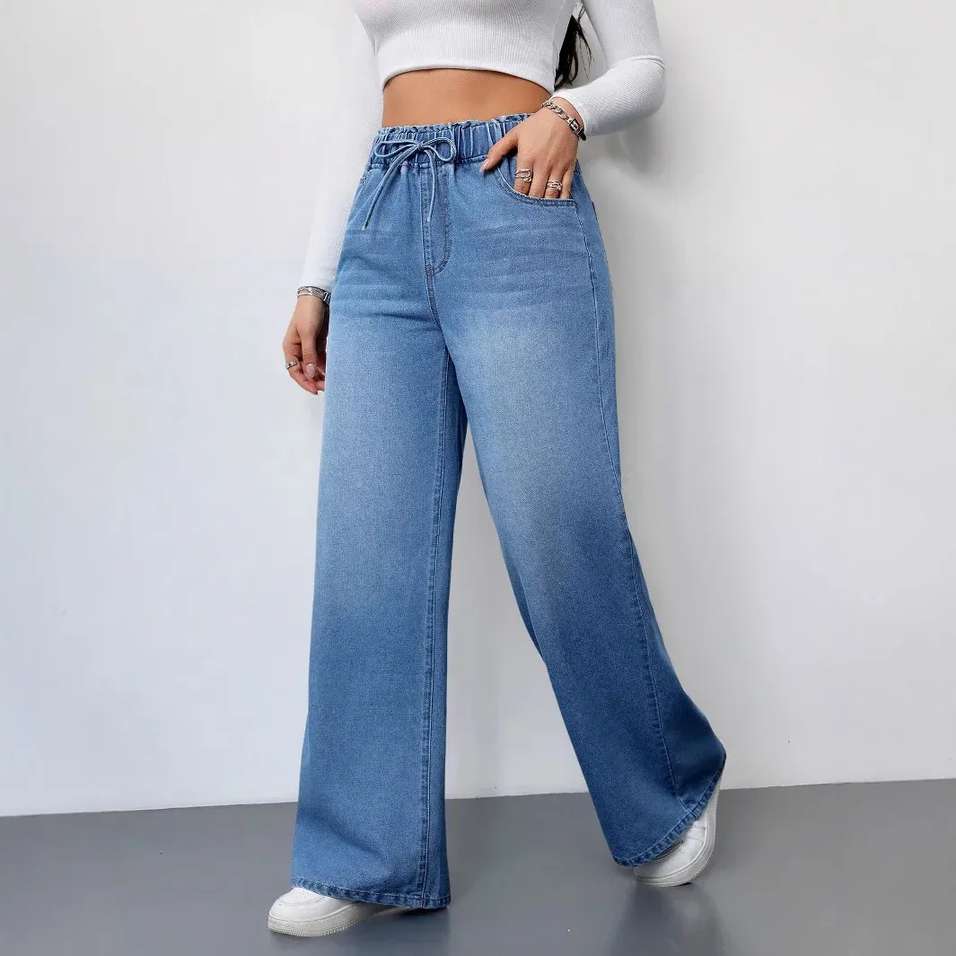 Women's Vintage Washed Denim Wide Leg Jeans - Elastic Waist Lace-Up Streetwear Trousers for a Relaxed Fit showcase 12