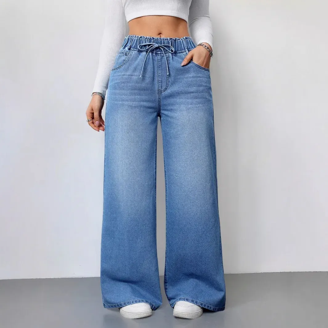 Women's Vintage Washed Denim Wide Leg Jeans - Elastic Waist Lace-Up Streetwear Trousers for a Relaxed Fit thumbnail 5