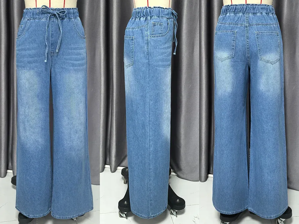 Women's Vintage Washed Denim Wide Leg Jeans - Elastic Waist Lace-Up Streetwear Trousers for a Relaxed Fit thumbnail 6