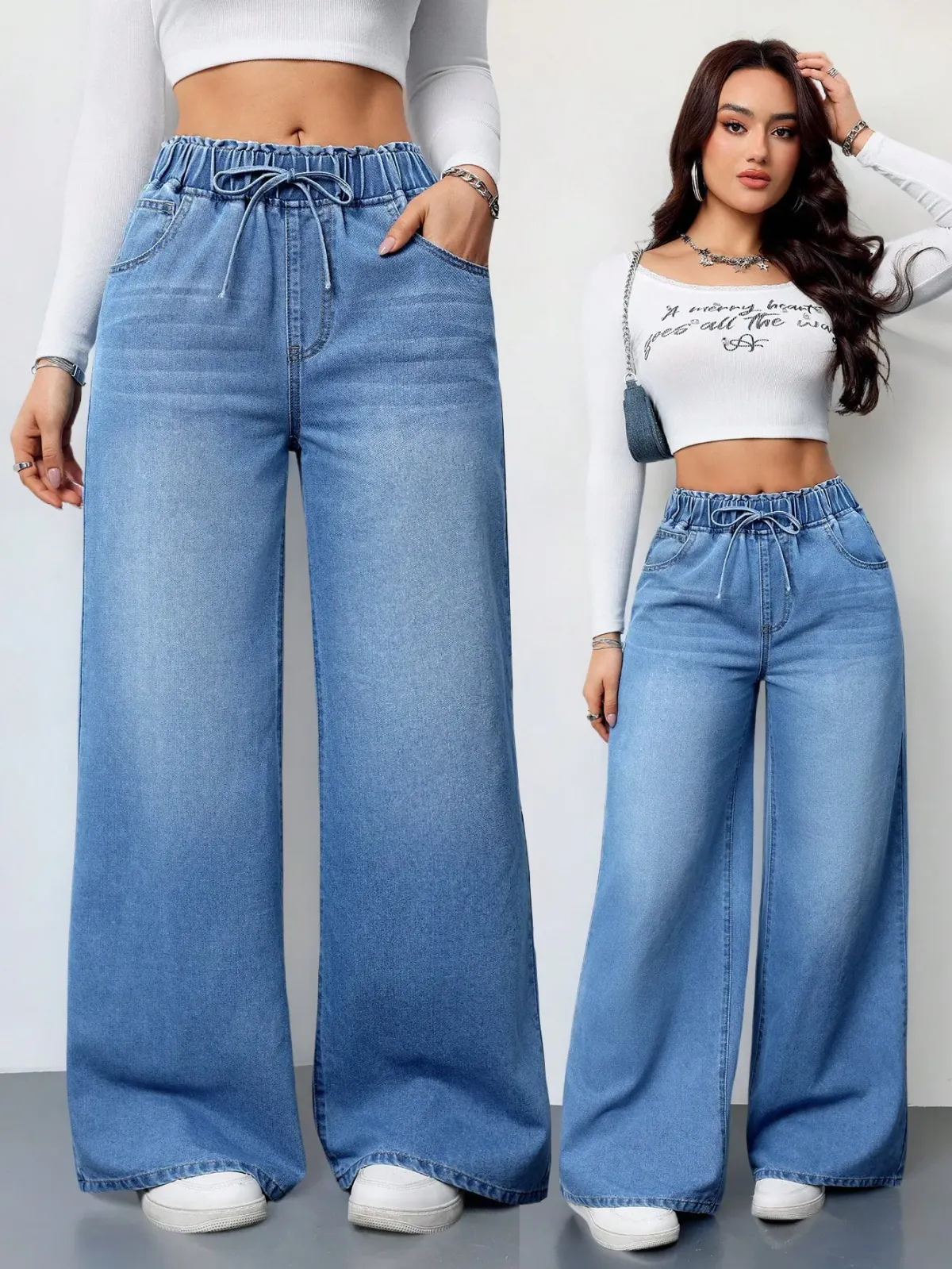 Women's Vintage Washed Denim Wide Leg Jeans - Elastic Waist Lace-Up Streetwear Trousers for a Relaxed Fit showcase 7