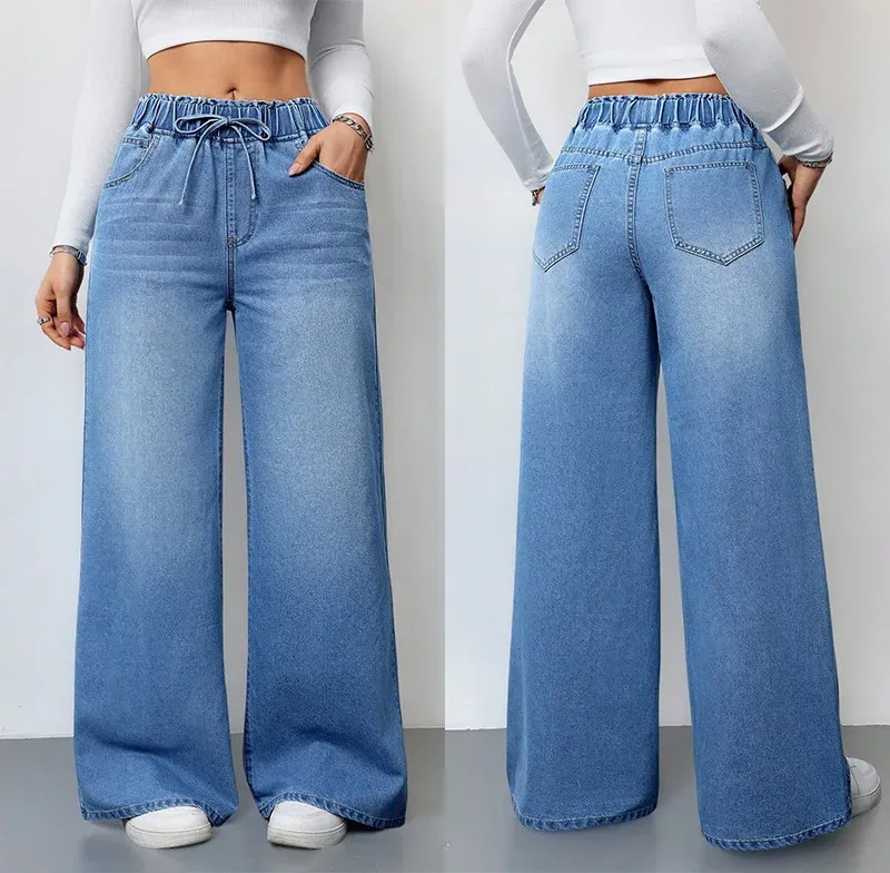 Women's Vintage Washed Denim Wide Leg Jeans - Elastic Waist Lace-Up Streetwear Trousers for a Relaxed Fit showcase 8