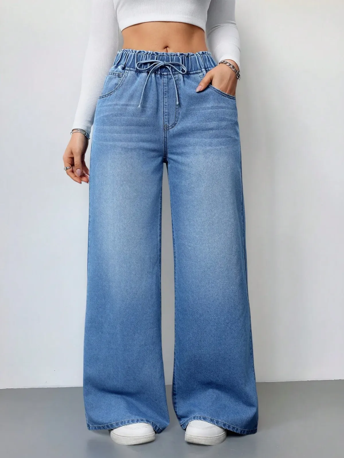 Women's Vintage Washed Denim Wide Leg Jeans - Elastic Waist Lace-Up Streetwear Trousers for a Relaxed Fit showcase 9