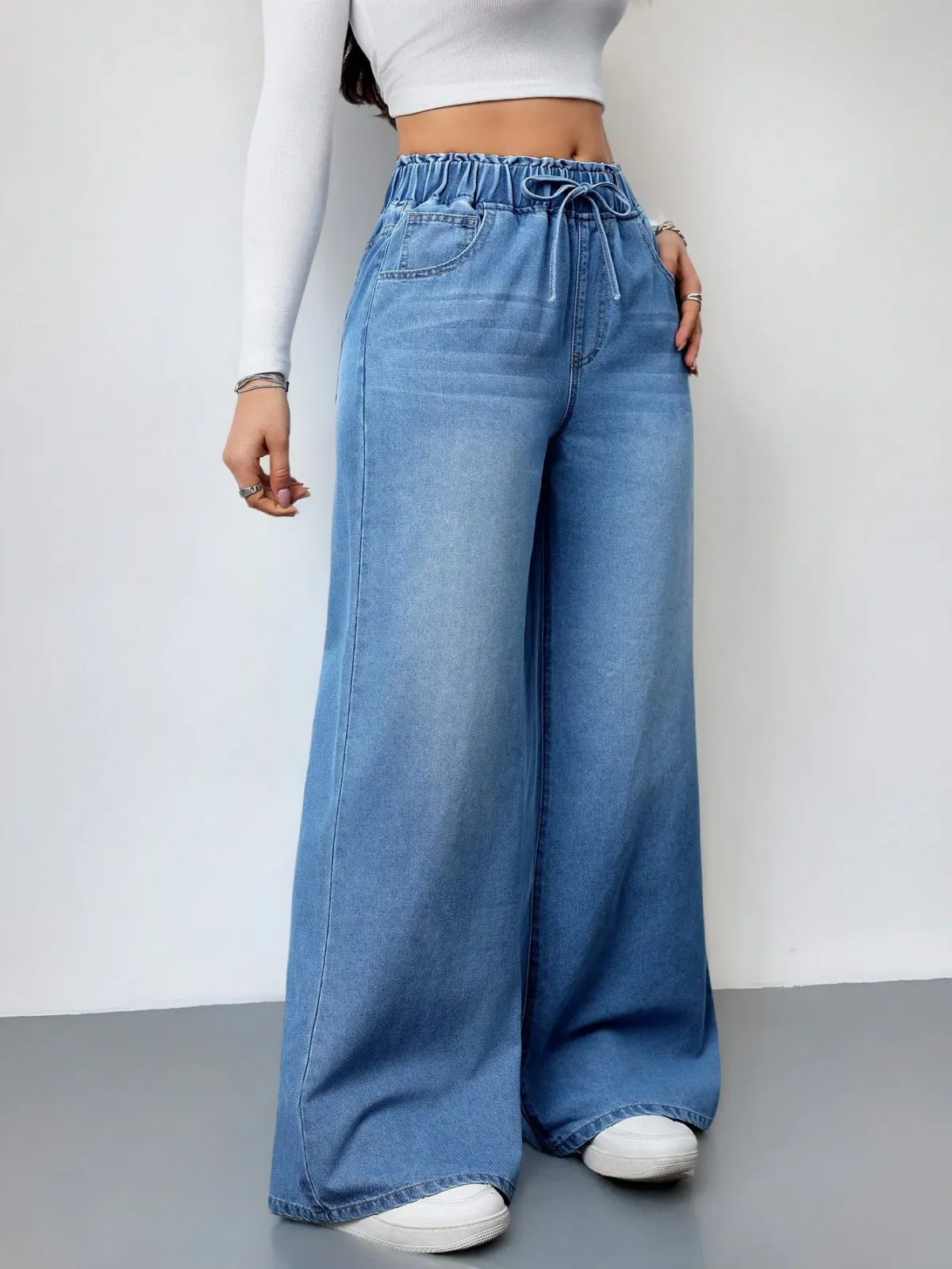 Women's Vintage Washed Denim Wide Leg Jeans - Elastic Waist Lace-Up Streetwear Trousers for a Relaxed Fit showcase 10