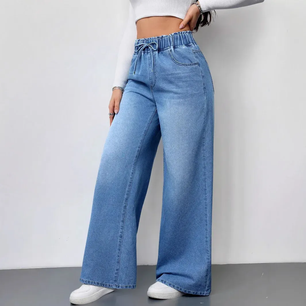 Women's Vintage Washed Denim Wide Leg Jeans - Elastic Waist Lace-Up Streetwear Trousers for a Relaxed Fit showcase 11