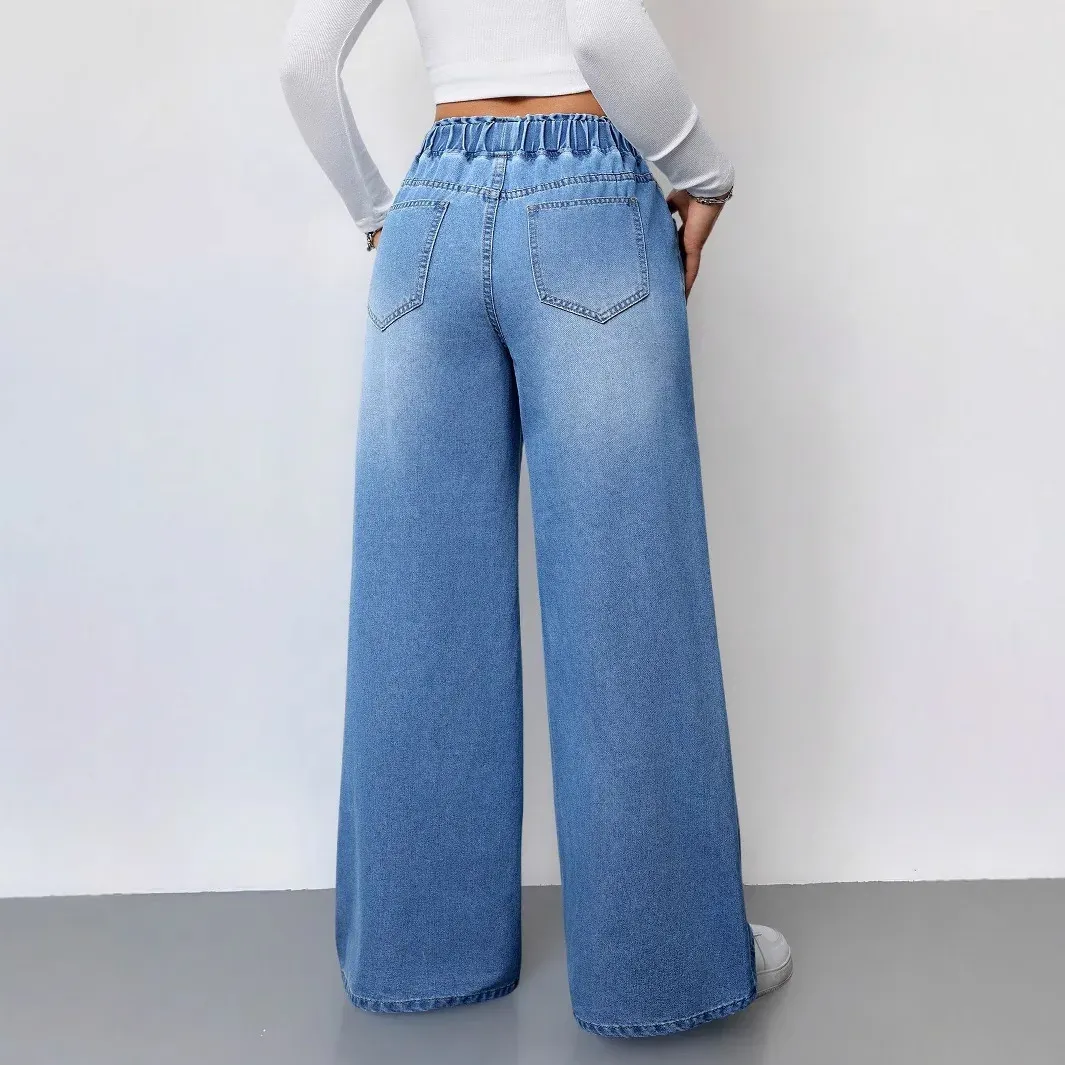 Women's Vintage Washed Denim Wide Leg Jeans - Elastic Waist Lace-Up Streetwear Trousers for a Relaxed Fit showcase 13
