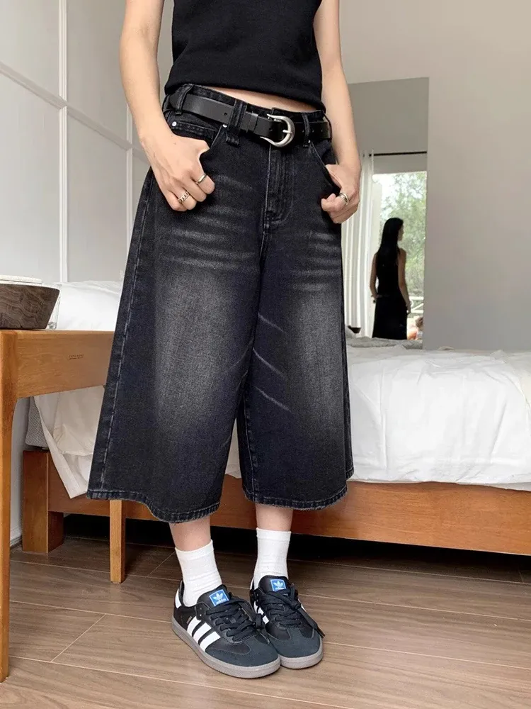 Women's High Waist Black Retro Washed Denim Shorts - Harajuku Vintage Fashion Casual Loose Wide Leg Y2K Streetwear thumbnail 1