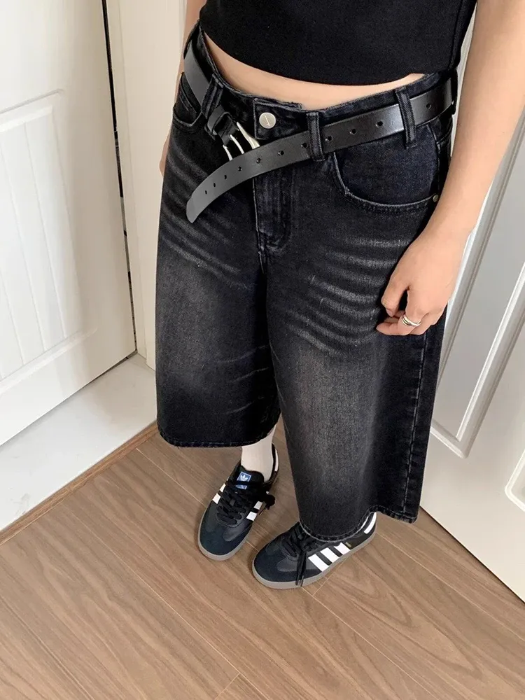Women's High Waist Black Retro Washed Denim Shorts - Harajuku Vintage Fashion Casual Loose Wide Leg Y2K Streetwear thumbnail 3
