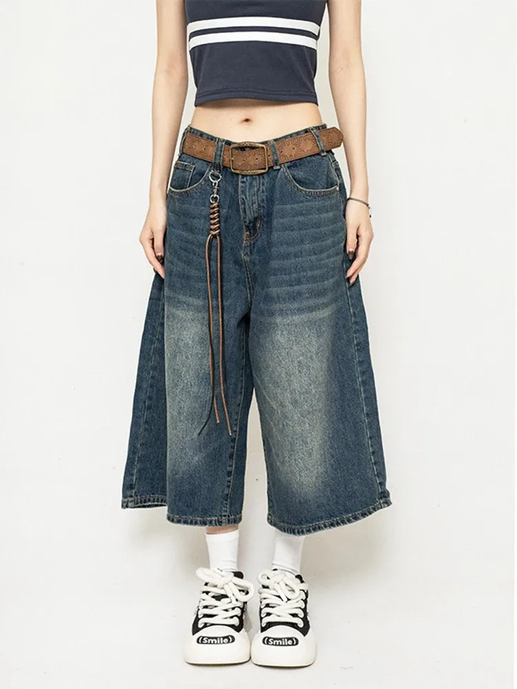 Women's High Waist Black Retro Washed Denim Shorts - Harajuku Vintage Fashion Casual Loose Wide Leg Y2K Streetwear thumbnail 4