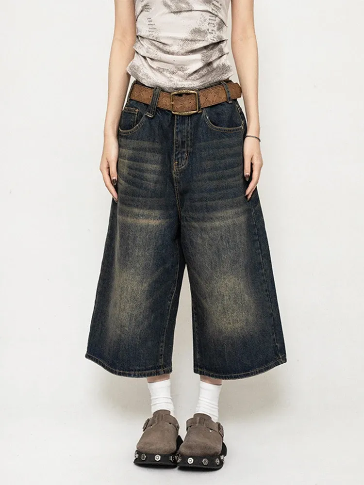 Women's High Waist Black Retro Washed Denim Shorts - Harajuku Vintage Fashion Casual Loose Wide Leg Y2K Streetwear thumbnail 5