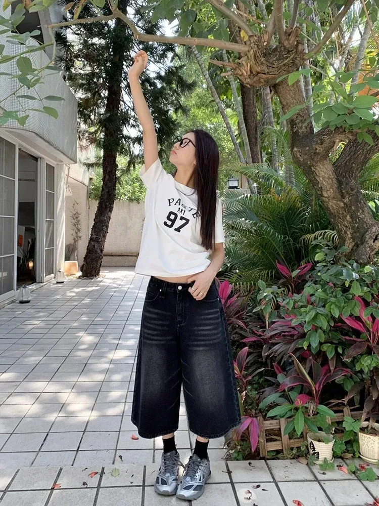 Women's High Waist Black Retro Washed Denim Shorts - Harajuku Vintage Fashion Casual Loose Wide Leg Y2K Streetwear thumbnail 6