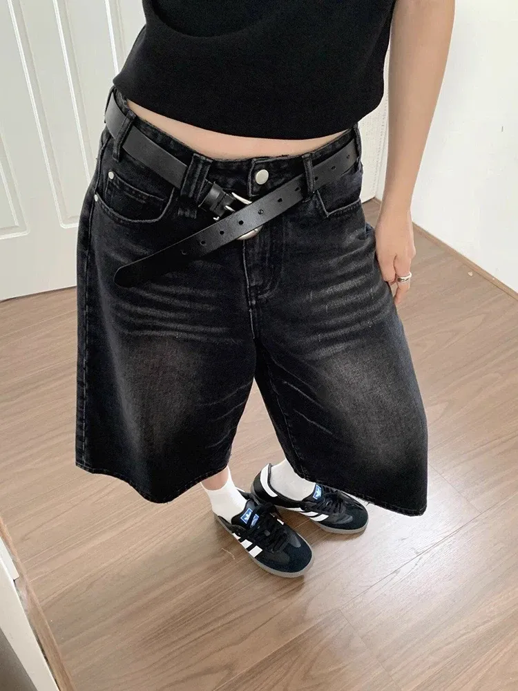 Women's High Waist Black Retro Washed Denim Shorts - Harajuku Vintage Fashion Casual Loose Wide Leg Y2K Streetwear showcase 4