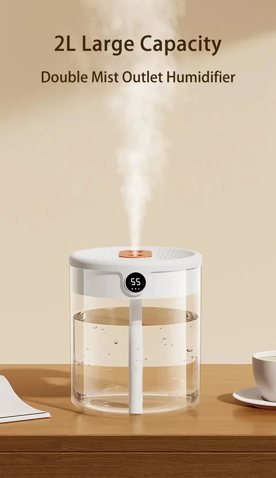 2L Dual Spray Humidifier USB Large Capacity for Home & Office, Quiet Bedroom Air Diffuser with LED Digital Display & Night Light, Portable Mini Design showcase 1