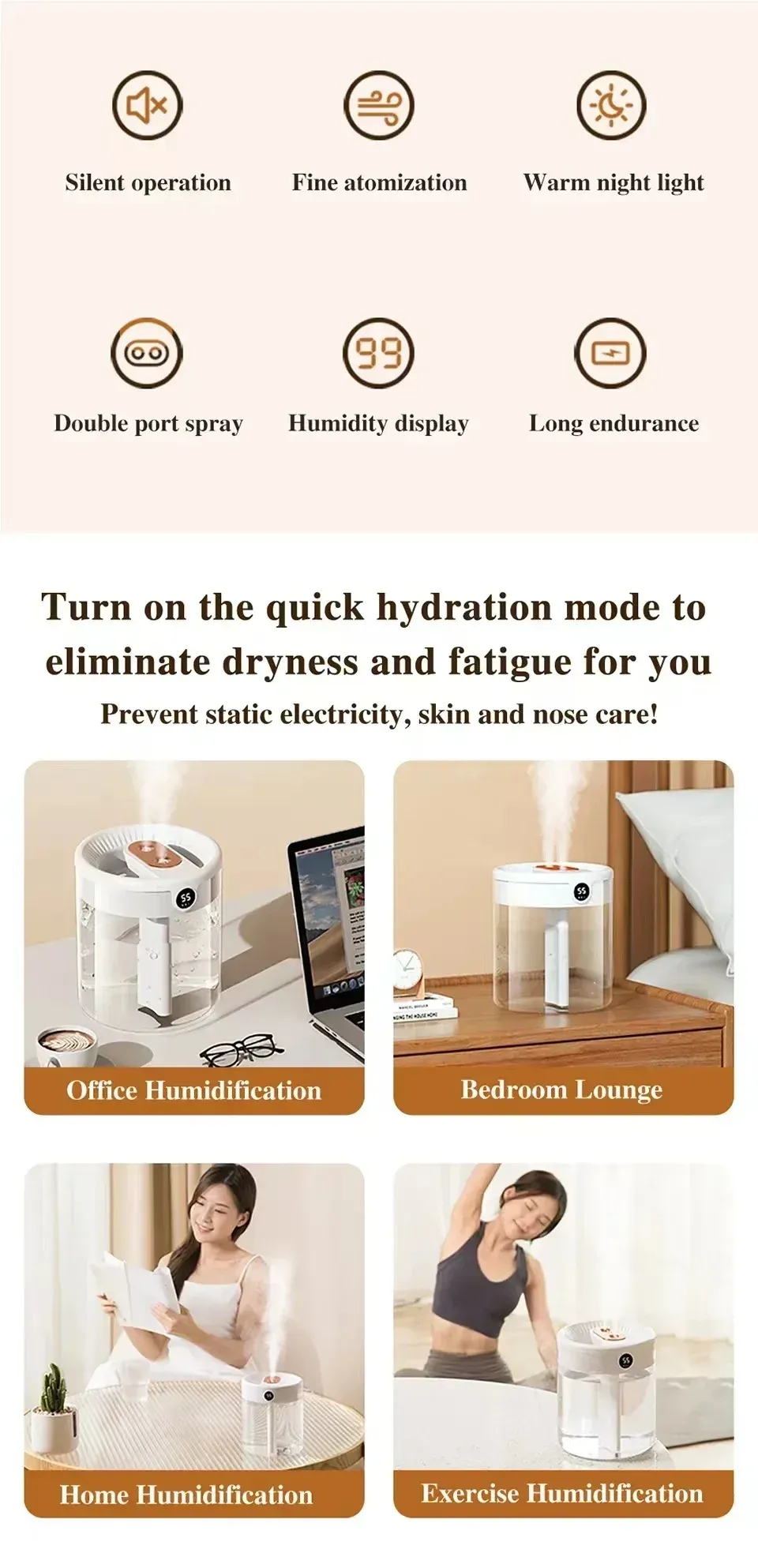 2L Dual Spray Humidifier USB Large Capacity for Home & Office, Quiet Bedroom Air Diffuser with LED Digital Display & Night Light, Portable Mini Design showcase 2