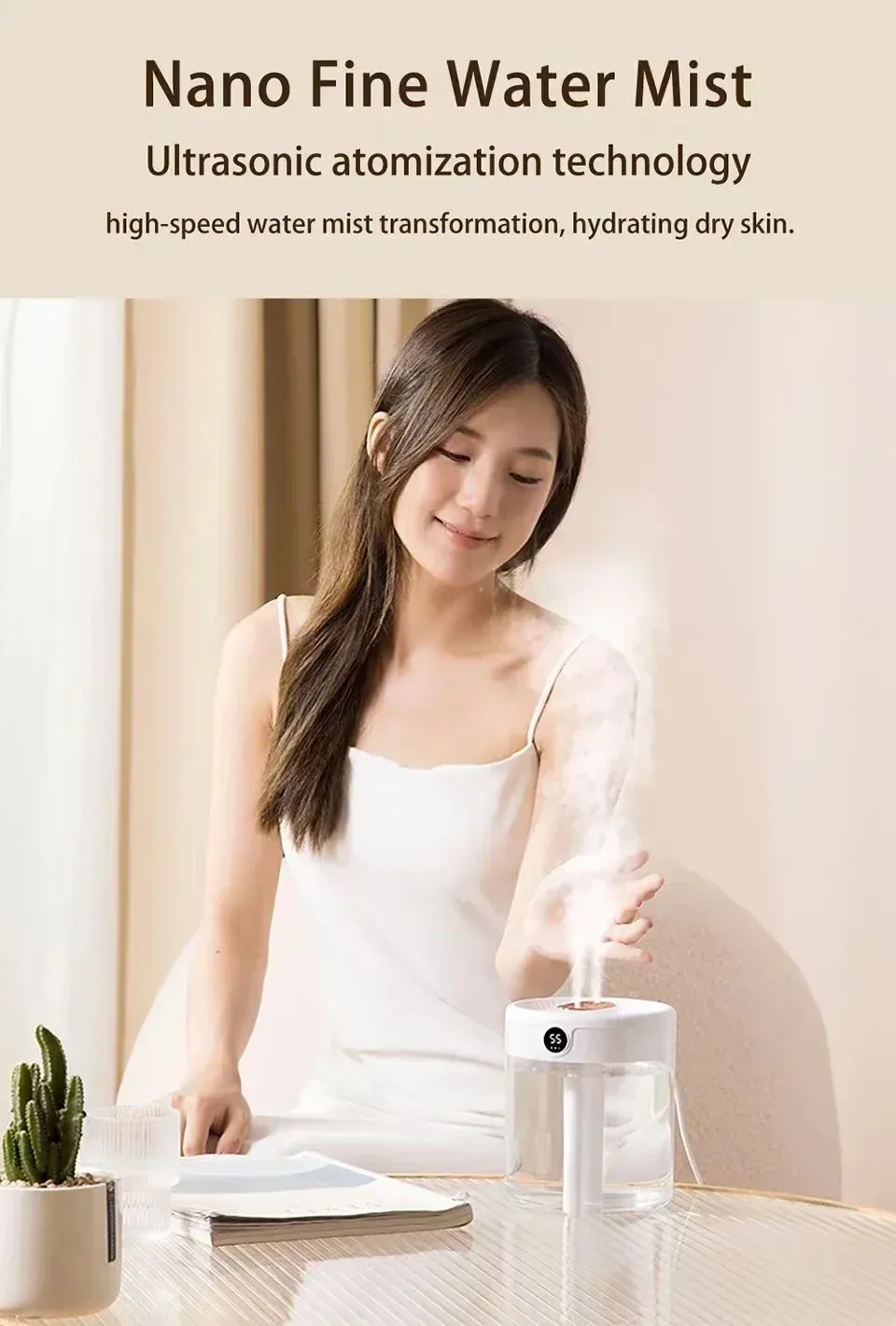 2L Dual Spray Humidifier USB Large Capacity for Home & Office, Quiet Bedroom Air Diffuser with LED Digital Display & Night Light, Portable Mini Design showcase 3