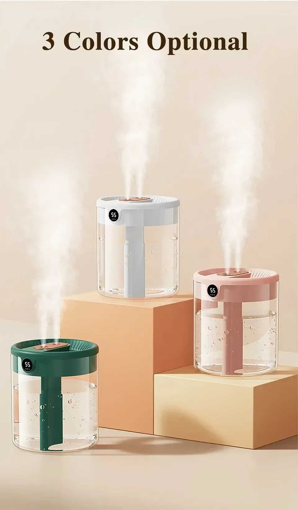 2L Dual Spray Humidifier USB Large Capacity for Home & Office, Quiet Bedroom Air Diffuser with LED Digital Display & Night Light, Portable Mini Design showcase 4