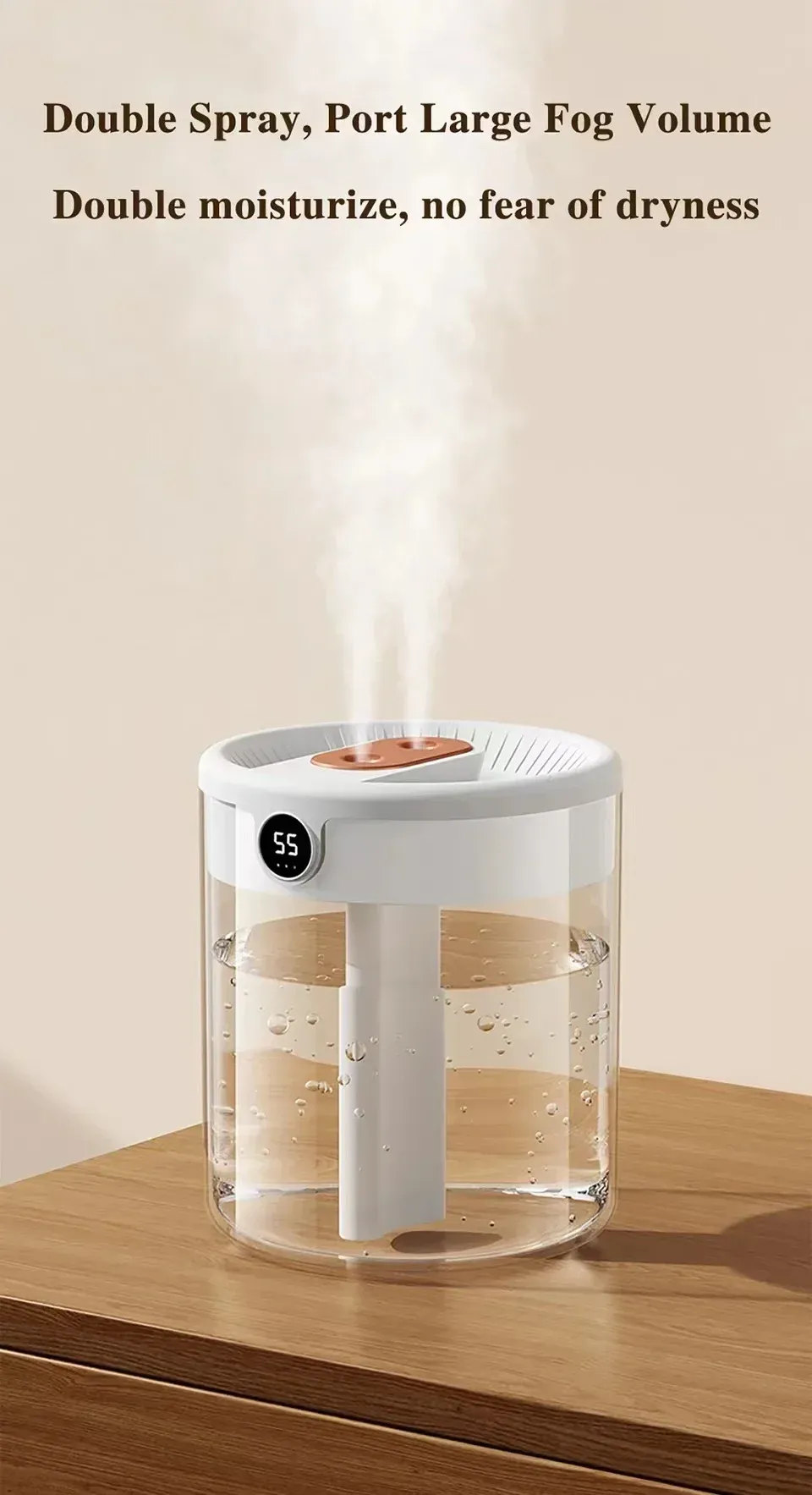 2L Dual Spray Humidifier USB Large Capacity for Home & Office, Quiet Bedroom Air Diffuser with LED Digital Display & Night Light, Portable Mini Design showcase 6