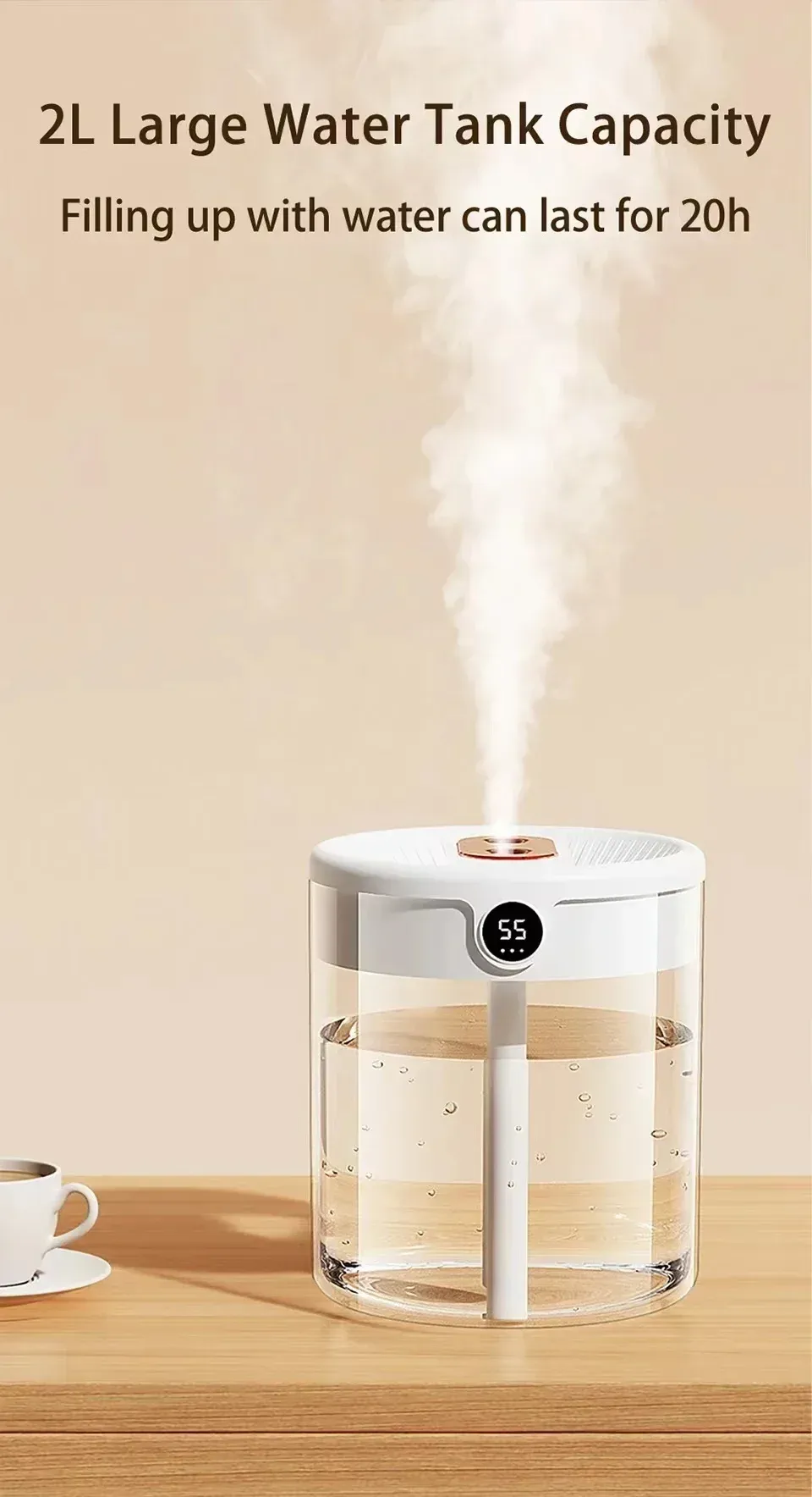 2L Dual Spray Humidifier USB Large Capacity for Home & Office, Quiet Bedroom Air Diffuser with LED Digital Display & Night Light, Portable Mini Design showcase 8