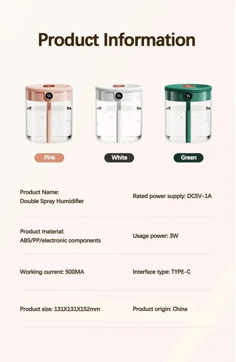 2L Dual Spray Humidifier USB Large Capacity for Home & Office, Quiet Bedroom Air Diffuser with LED Digital Display & Night Light, Portable Mini Design showcase 12
