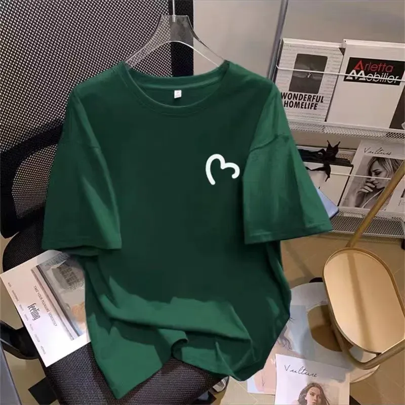 Women's Lime Green Pure Cotton T-Shirt, Half Sleeve Loose Fit Summer Top, Geometric Pattern, Round Neck, Elegant Korean Style Casual Wear - Image 2