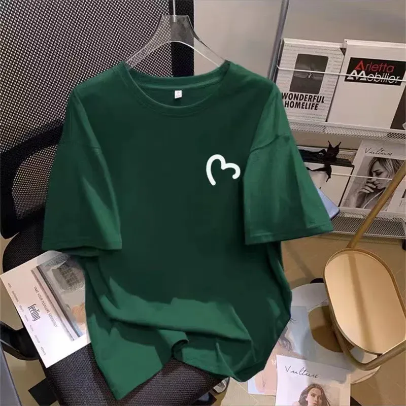 Women's Lime Green Pure Cotton T-Shirt, Half Sleeve Loose Fit Summer Top, Geometric Pattern, Round Neck, Elegant Korean Style Casual Wear showcase 8