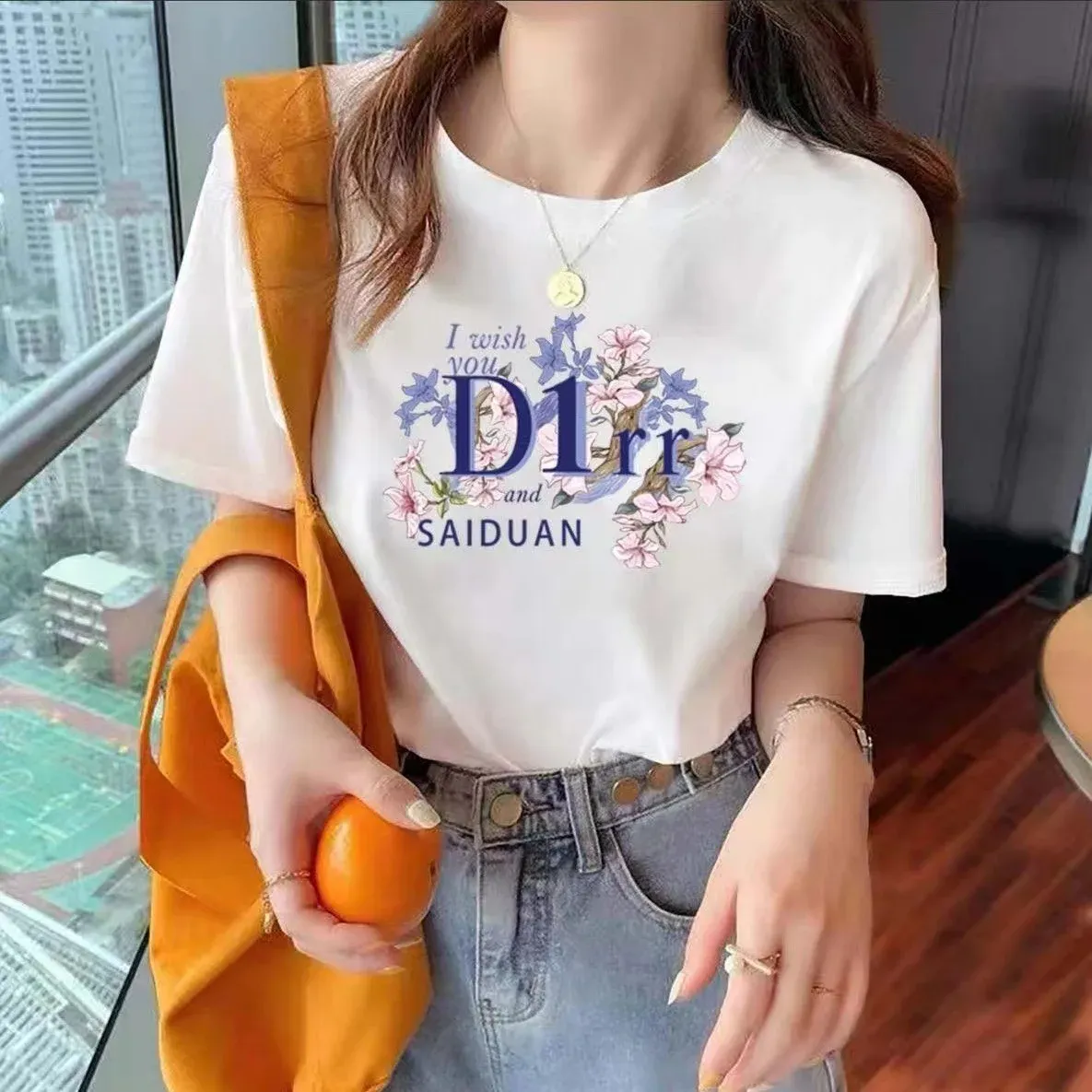 Women's Lime Green Pure Cotton T-Shirt, Half Sleeve Loose Fit Summer Top, Geometric Pattern, Round Neck, Elegant Korean Style Casual Wear showcase 12