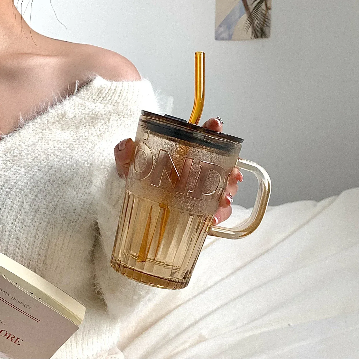 400ml Retro Glass Tumbler with Lid and Straw, Thick Glass Coffee Mug for Juice, Milk, Mocha, Transparent/Green - Image 3