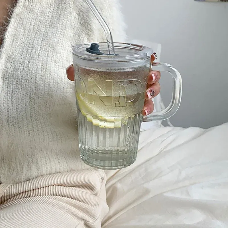400ml Retro Glass Tumbler with Lid and Straw, Thick Glass Coffee Mug for Juice, Milk, Mocha, Transparent/Green - Image 4