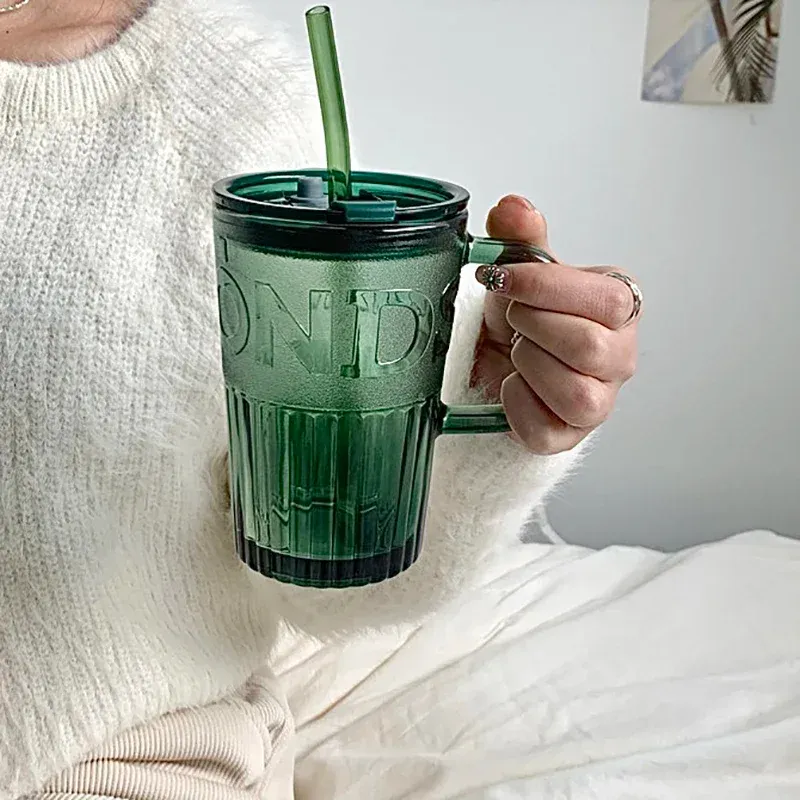 400ml Retro Glass Tumbler with Lid and Straw, Thick Glass Coffee Mug for Juice, Milk, Mocha, Transparent/Green showcase 4