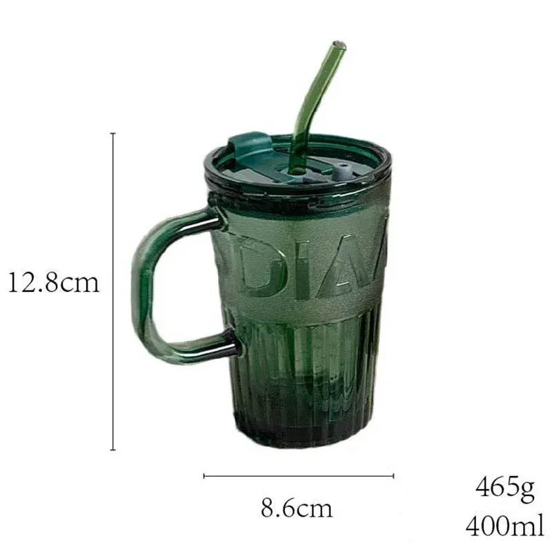 400ml Retro Glass Tumbler with Lid and Straw, Thick Glass Coffee Mug for Juice, Milk, Mocha, Transparent/Green - Image 6
