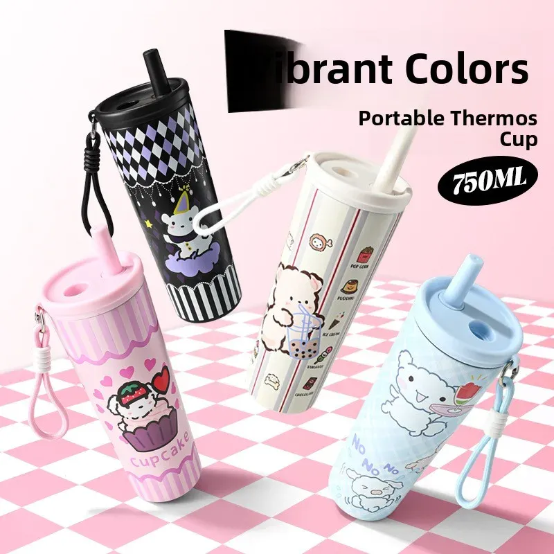 Portable Outdoor Double Layer Vacuum Insulated Stainless Steel Cartoon Straw Cup - 316 Grade, Large Capacity, Handheld Car Mug for Hot & Cold Drinks - Image 1