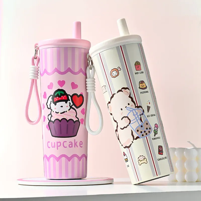Portable Outdoor Double Layer Vacuum Insulated Stainless Steel Cartoon Straw Cup - 316 Grade, Large Capacity, Handheld Car Mug for Hot & Cold Drinks - Image 3