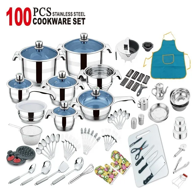 100Pcs Stainless Steel 201 Cookware Set with Induction Pot and Wide Edge Pan for Home Kitchen Cooking - Image 1