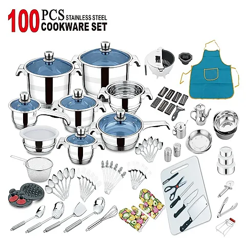 100Pcs Stainless Steel 201 Cookware Set with Induction Pot and Wide Edge Pan for Home Kitchen Cooking