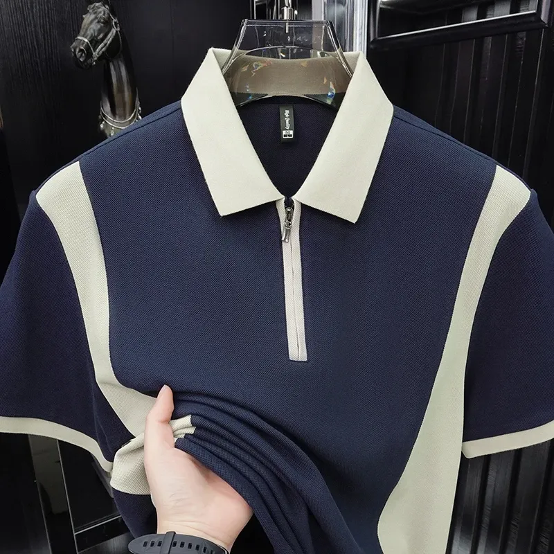 Men's Fashion Patchwork Polo Shirt - Breathable Mercerized Cotton, Short Sleeve, Zipper Detail, Summer Casual Wear - Image 1