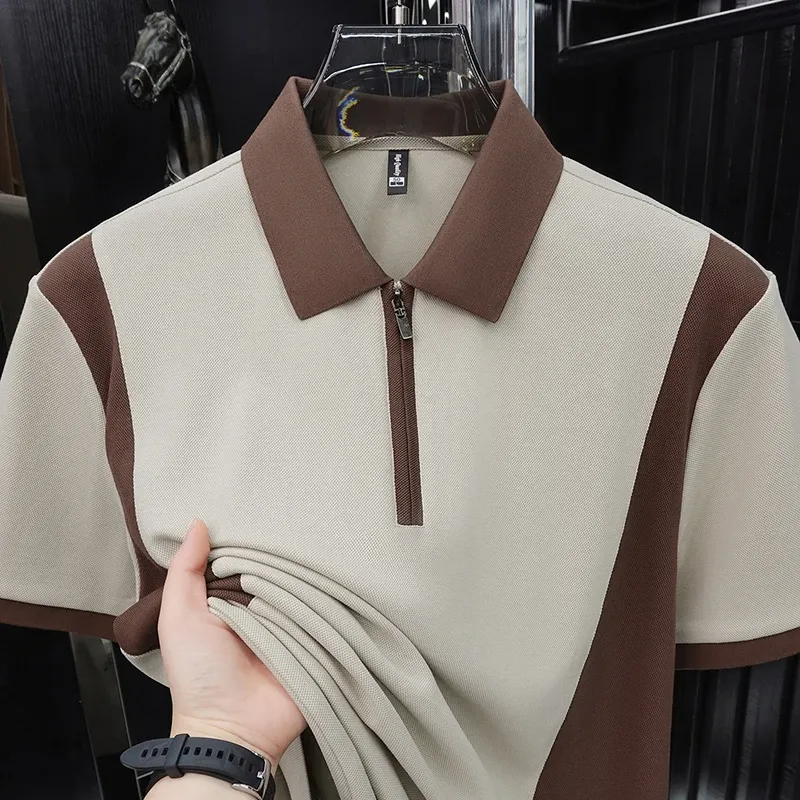 Men's Fashion Patchwork Polo Shirt - Breathable Mercerized Cotton, Short Sleeve, Zipper Detail, Summer Casual Wear - Image 3