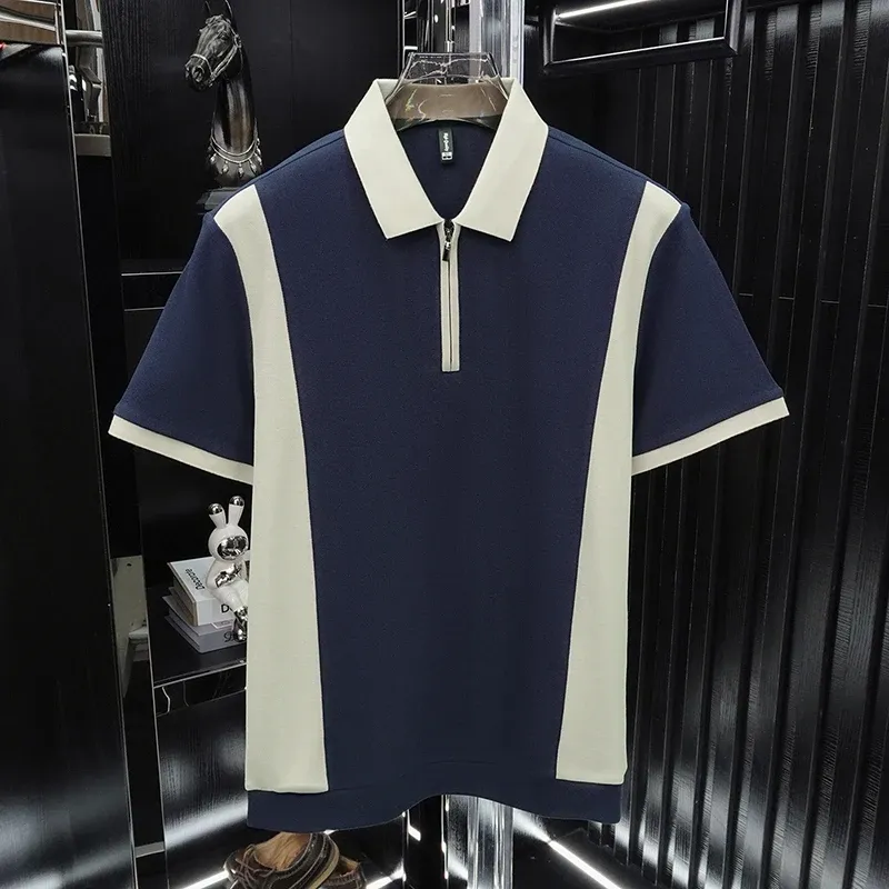 Men's Fashion Patchwork Polo Shirt - Breathable Mercerized Cotton, Short Sleeve, Zipper Detail, Summer Casual Wear - Image 2