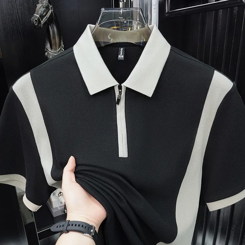 Men's Fashion Patchwork Polo Shirt - Breathable Mercerized Cotton, Short Sleeve, Zipper Detail, Summer Casual Wear - Image 4