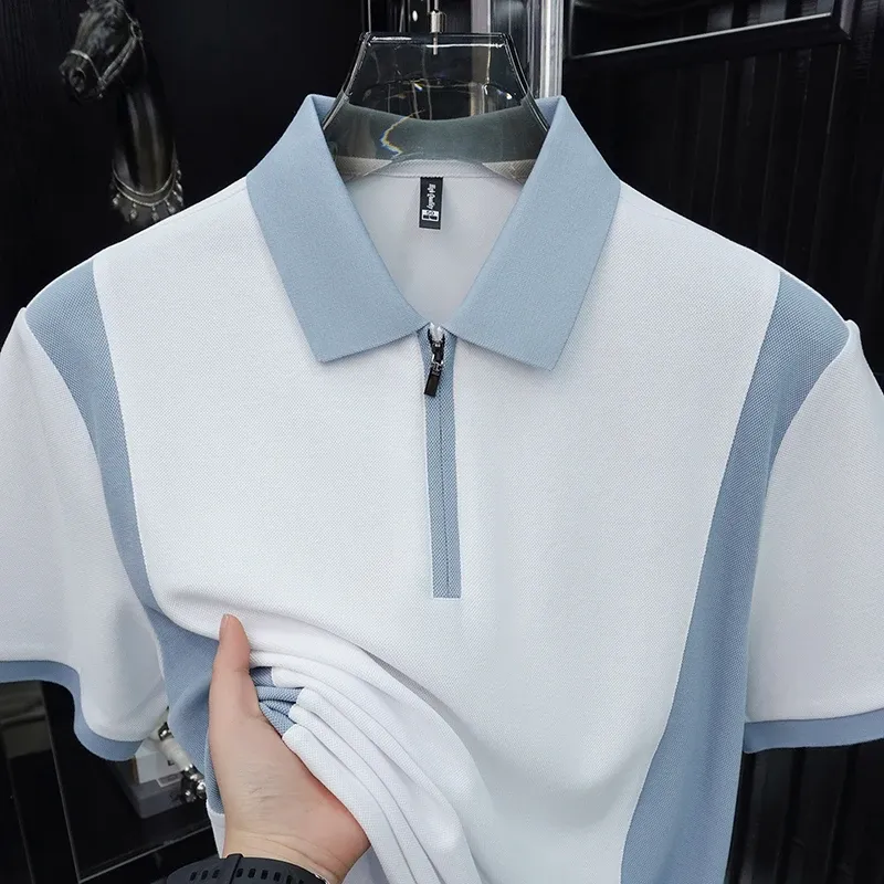 Men's Fashion Patchwork Polo Shirt - Breathable Mercerized Cotton, Short Sleeve, Zipper Detail, Summer Casual Wear - Image 5