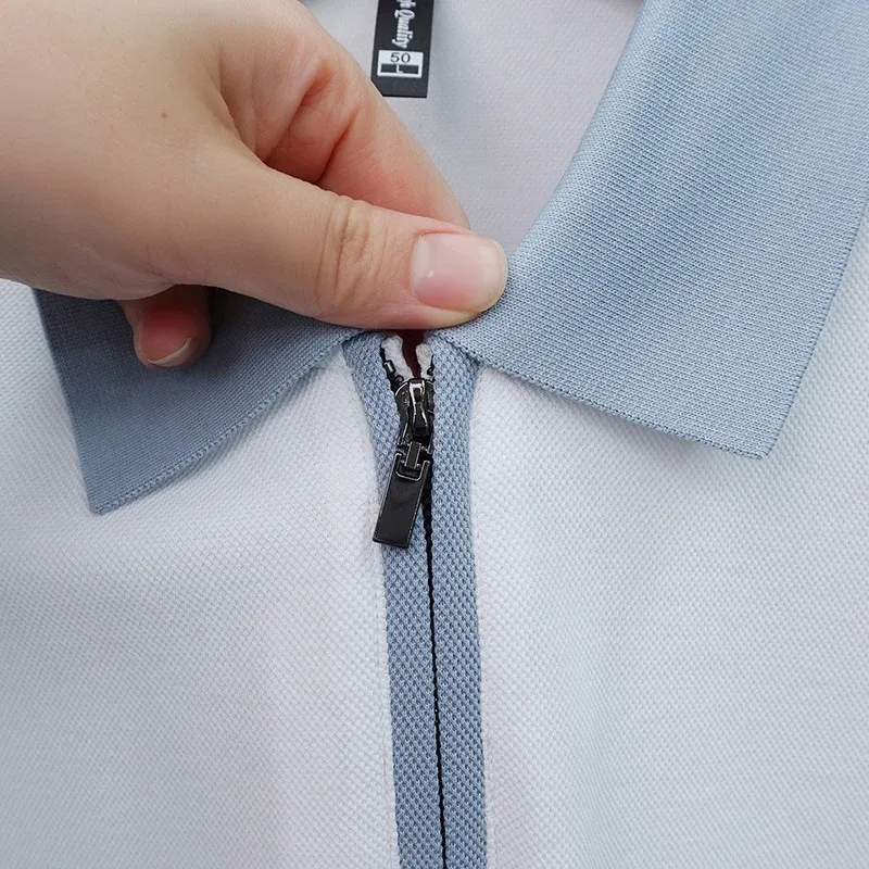 Men's Fashion Patchwork Polo Shirt - Breathable Mercerized Cotton, Short Sleeve, Zipper Detail, Summer Casual Wear - Image 6