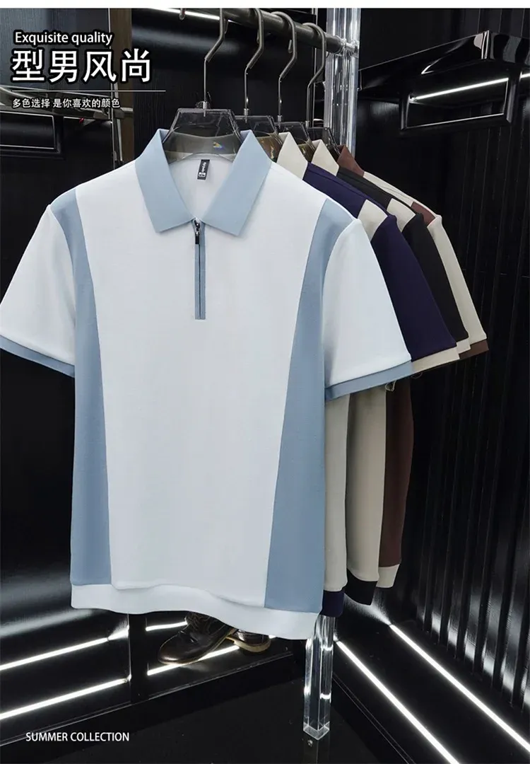 Men's Fashion Patchwork Polo Shirt - Breathable Mercerized Cotton, Short Sleeve, Zipper Detail, Summer Casual Wear showcase 1
