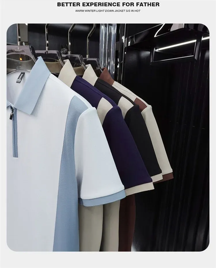 Men's Fashion Patchwork Polo Shirt - Breathable Mercerized Cotton, Short Sleeve, Zipper Detail, Summer Casual Wear showcase 11