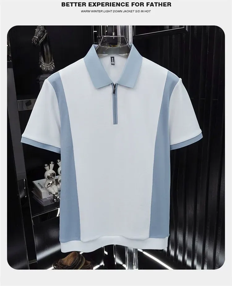 Men's Fashion Patchwork Polo Shirt - Breathable Mercerized Cotton, Short Sleeve, Zipper Detail, Summer Casual Wear showcase 12