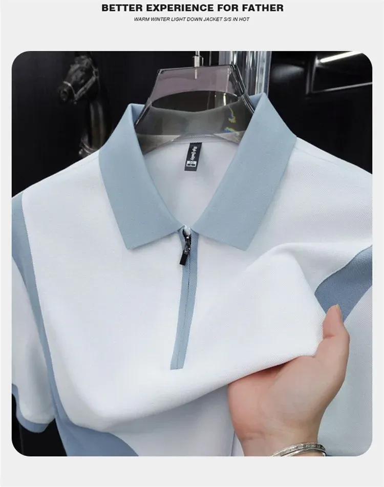 Men's Fashion Patchwork Polo Shirt - Breathable Mercerized Cotton, Short Sleeve, Zipper Detail, Summer Casual Wear showcase 14