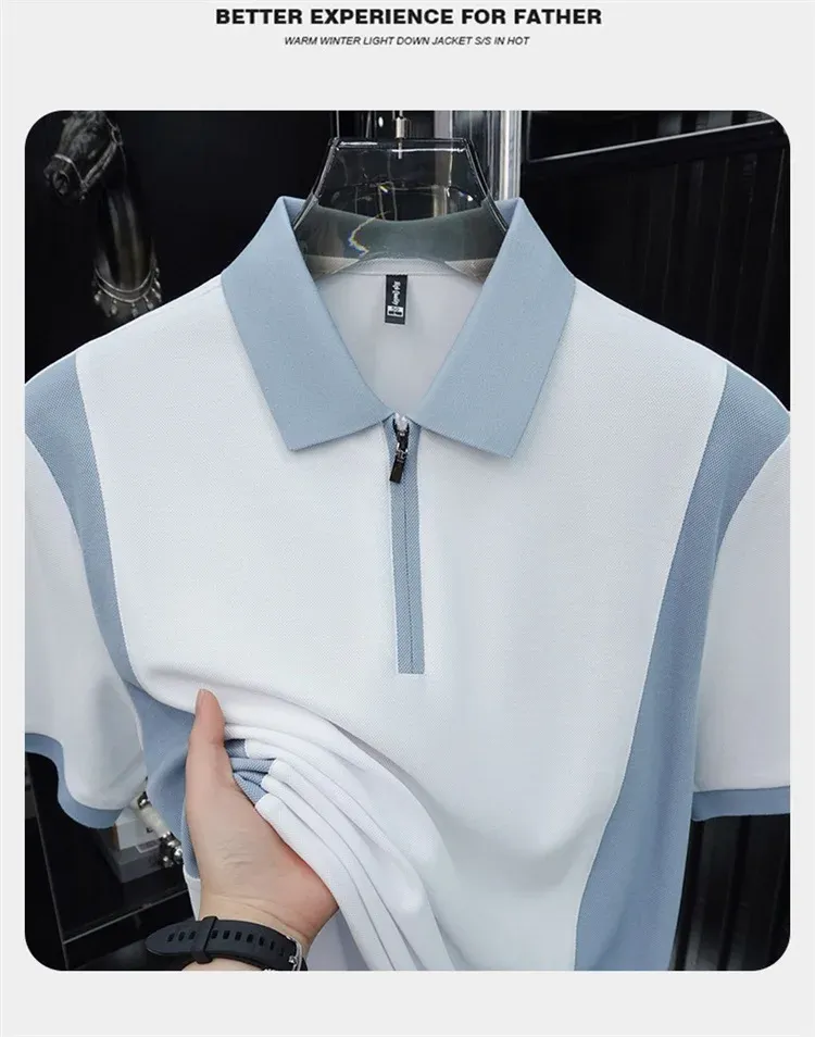 Men's Fashion Patchwork Polo Shirt - Breathable Mercerized Cotton, Short Sleeve, Zipper Detail, Summer Casual Wear showcase 15